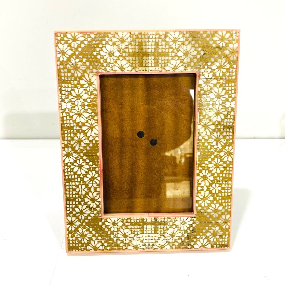 Two's Company Photo Picture Frame Standing Table Top Unique Pink Beige Batik 4x6
